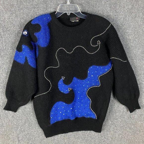 Joseph Ho Sweater Large Women's Lambswool Blend Adults Pullover Knit Black Blue - Picture 1 of 7